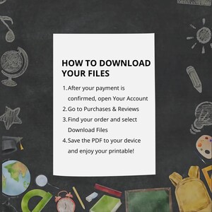 May include: A white rectangular paper with the text "HOW TO DOWNLOAD YOUR FILES" and numbered instructions. The background is a dark chalkboard with various school-related illustrations in white.