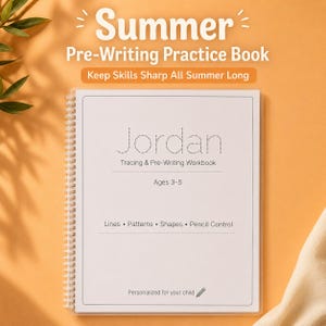 May include: A spiral-bound pre-writing practice book with a white cover featuring the text Summer Pre-Writing Practice Book, Keep Skills Sharp All Summer Long, Jordan, Tracing & Pre-Writing Workbook, Ages 3-5, Lines, Patterns, Shapes, Pencil Control.