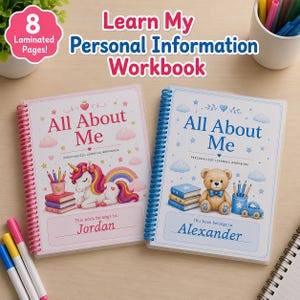 May include: Two spiral-bound workbooks titled "All About Me." One has a pink cover with a unicorn and rainbow, the other has a blue cover with a teddy bear. The text "Learn My Personal Information Workbook" is at the top.