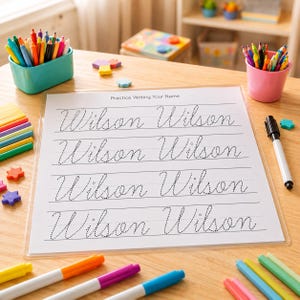 May include: A white practice writing sheet in a clear plastic sleeve with the text Practice Writing Your Name and the name Wilson written in dotted cursive script across four lines, surrounded by colourful markers and small star-shaped erasers.