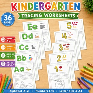 May include: A set of 36 kindergarten tracing worksheets featuring alphabet letters A-Z and numbers 1-10. The pages include colorful graphics, letter and number outlines for tracing, and coloring activities. The set is available in 8.5 inch by 11 inch and 8.3 inch by 11.7 inch sizes.