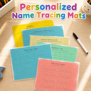 May include: A collection of colorful personalized name tracing mats. The mats include shapes, lowercase and capital letters, numbers 1-20, and name tracing practice. Each mat is a different color, with the names "Riley" and "Helen" displayed.