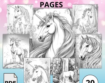 May include: A collection of unicorn coloring pages in black and white, featuring various unicorn illustrations in different settings. The image includes the text "UNICORN COLORING PAGES" and a "PDF" icon, along with a "20" circle.