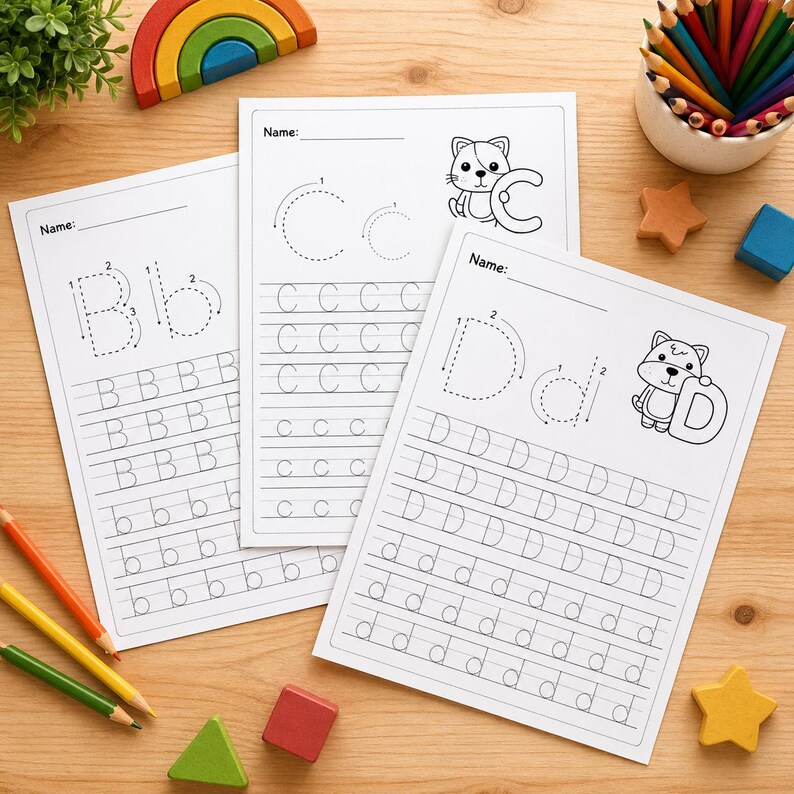 May include: Three white letter tracing worksheets with the letters B, C, and D. Each sheet has dotted lines for tracing uppercase and lowercase letters, with a cute cartoon cat illustration. Colored pencils and wooden blocks are scattered around.