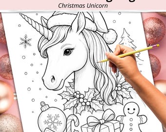 Christmas Unicorn Coloring Page - Detailed Holiday Line Art (PDF)