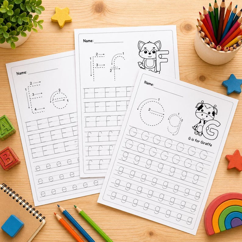 May include: Three white letter tracing worksheets with the letters E, F, and G. Each sheet has a space for a name, tracing guides, and illustrations of a fox and a giraffe. Colored pencils and wooden toys surround the worksheets.