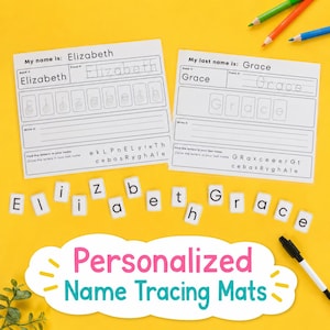 May include: Yellow background with personalized name tracing mats. The mats have the names "Elizabeth" and "Grace" printed on them, along with letter tiles and colorful pencils. The text "Personalized Name Tracing Mats" is also visible.