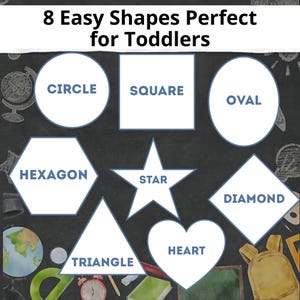 May include: Educational graphic featuring eight basic shapes: circle, square, oval, hexagon, star, diamond, triangle, and heart. Each shape is labeled with its name in a clear, easy-to-read font. The text "8 Easy Shapes Perfect for Toddlers" is at the top.