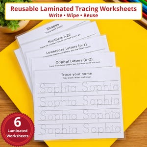 May include: A set of six reusable laminated tracing worksheets for learning. The worksheets include shapes, numbers 1-20, lowercase and capital letters, and a section to trace a name. The text "Reusable Laminated Tracing Worksheets" is at the top.