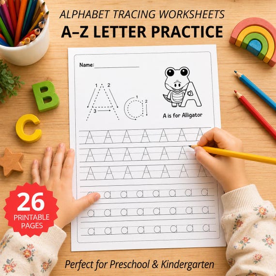 Alphabet Tracing Worksheets for Kids, ABC Writing Practice, Preschool & Kindergarten, Letter Tracing, Homeschool Printable PDF