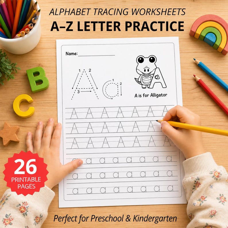 May include: Alphabet tracing worksheet with the text "A-Z Letter Practice". The worksheet features the letter "A" with tracing guides and the phrase "A is for Alligator". A child's hand holds a pencil, tracing the letter. The image also includes colorful pencils and wooden blocks.
