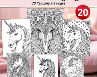 May include: A collection of unicorn coloring pages with intricate designs. The pages feature detailed illustrations of unicorns in various poses, surrounded by floral and celestial elements. The text "Unicorn Coloring Pages" and "20 Relaxing Art Pages" is displayed at the top.
