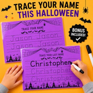 May include: Two purple rectangular Halloween-themed tracing practice sheets with black spiderweb, bat, and haunted house illustrations. The sheets feature the text TRACE YOUR NAME and TRACE YOUR LAST NAME with dotted lines for writing practice and a black marker.