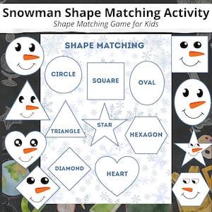 May include: A shape-matching activity for kids featuring a snowman theme. The game includes various shapes like circles, squares, and hearts, each paired with a snowman face. The text "Snowman Shape Matching Activity" is at the top.