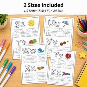 May include: Educational alphabet tracing worksheets for children. Each sheet features a letter with tracing lines and illustrations. Includes US Letter (21.6 x 27.9 cm) and A4 sizes. Colourful markers and pencils are visible.