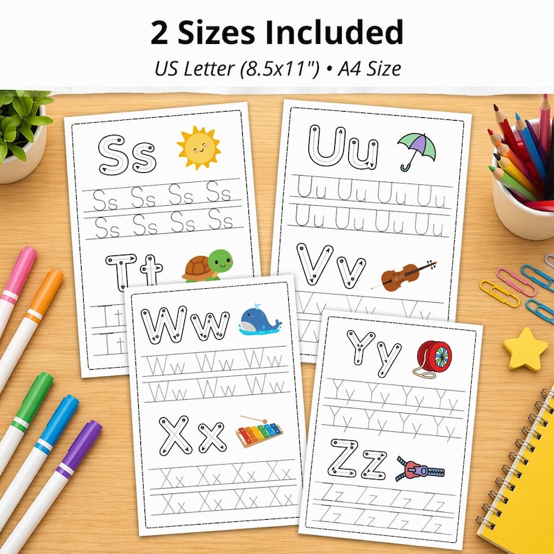 May include: Educational alphabet tracing worksheets for children. Each sheet features a letter with tracing lines and illustrations. Includes US Letter (21.6 x 27.9 cm) and A4 sizes. Colourful markers and pencils are visible.
