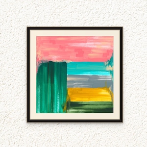 May include: Abstract painting with horizontal stripes in shades of pink, blue, gray, yellow, and green. The painting is framed in black.