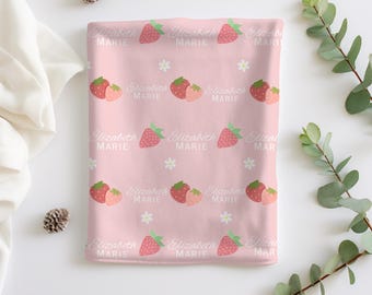 Pink Strawberry Name Blanket | Personalized Strawberry Blanket | Velveteen Throw Blanket | Cute Nursery Decor | Gift For Baby Girl