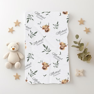 Custom Highland Cow Baby Name Blanket | Personalized Swaddle | Hospital Blanket | New Mom Gift | Newborn Gift Baby Shower Gift