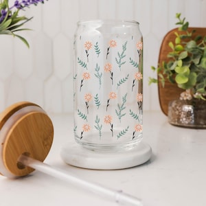Floral Glass Tumbler Cup | Boho Wildflower Cup | Iced Coffee Cup | Gift for her | Valentine&#39;s Day Gift | Beer Can Glass | Sipper Glass