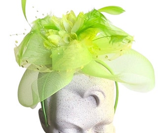 Lime Green Whimsical Fascinator Headpiece, Cocktail Hat, Fancy Headwear, Feather Hairpiece, Fashionable Hat, Unique Whimsy Hat