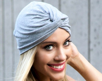 Soft Turban Hat, No Tie Turban, Chemo Hat, Fall Accessory, Hair Covering, Beanie Beret, Head Wrap, Gray Packable Turban, Front Twist Turban