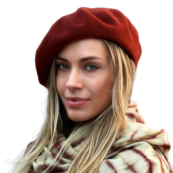 Chapeau d'hiver orange brûlé, béret, béret en laine français, cadeau pour femme, mode des années 40, bonnet en laine terre cuite, béret basque, accessoire rétro