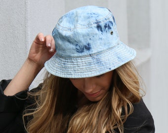 Tie Dyed Denim Bucket Hat, Women's Packable Sun Hat, Cotton Hat, Summer Hat, American Hat, Simple Everyday Hat, Travel Hat