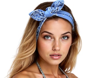 Paisley Stretch Headband, Blue Poly-Cotton Hair Tie