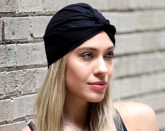 Wool Turban Hat, Black Stretch Turban, Chemo Turban, Gift For Her, Women's Gift, Fall Accessory, Packable Chemo Hat, Warm Turban, Wool Hat