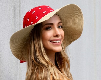 Cotton Bandana Sun Hat, Women's Straw Hat, Wide Brimmed Sun Hat, Straw Summer Hat, Women's Beach Hat