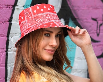 Red Paisley Bucket Hat, Reversible Sun Hat