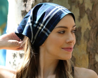 Cotton Plaid Kerchief: Elastic Hair Scarf