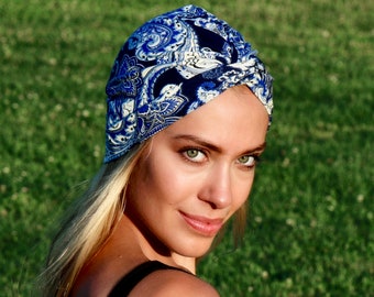 Cobalt Blue Paisley Turban Hat, Women's Turban Hat, Chemo Cap, Hair Scarf Retro Accessory, Stretch Turban, Soft Packable Turban Head Wrap