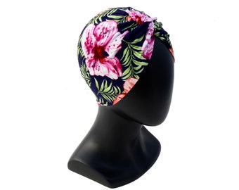 Turban Hat, Stretch Cap, Flirty Floral Chemo Cap, Hawaiian Tropical Flower Print, Spring Accessory Hair Wrap, Soft Turban, Packable Hat