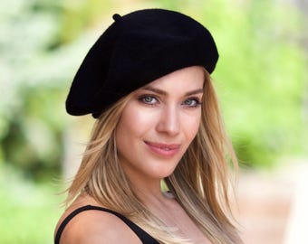 Schwarze Woll Beret, Französischer Stil Slouchy Hat