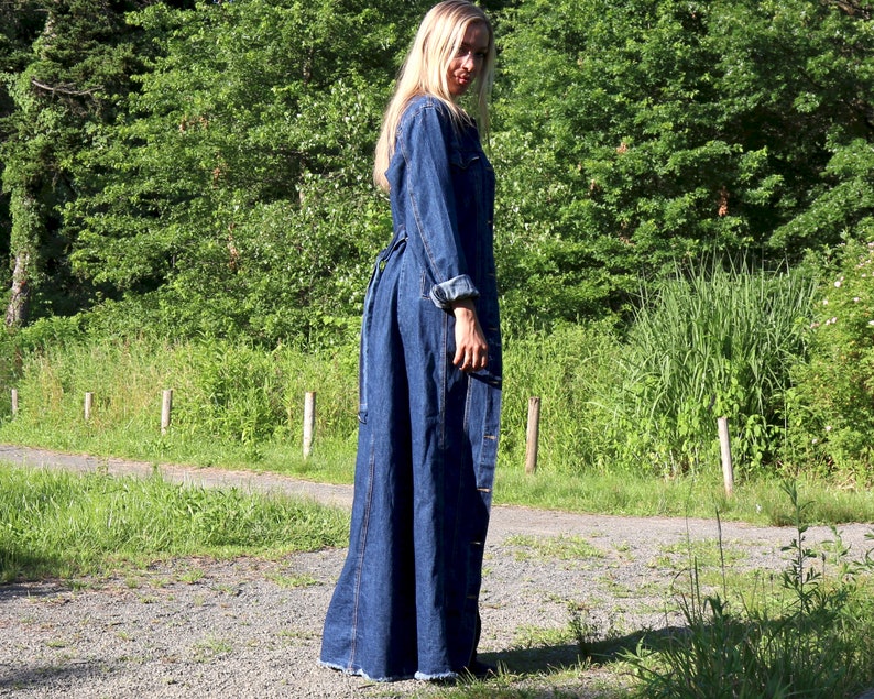 1970s Denim Coat Denim Fashion Fall Denim Jean Coat Large Denim Duster Extra Long Coat Handmade Denim Maxi Coat Frayed Dark Denim