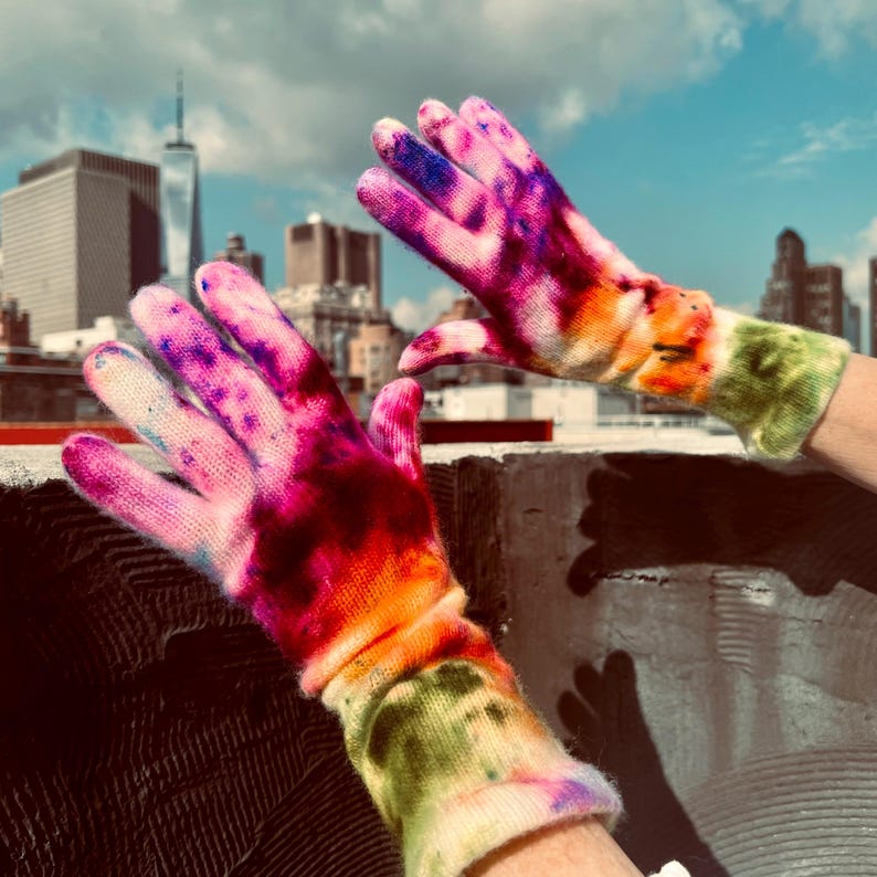 Hand-Dyed Cashmere Blend Knit Gloves: Purple Pink Winter Mittens Rainbow
