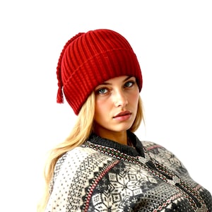 Red Knit Hat with Tassel, Norwegian Tomtelue Nisselue