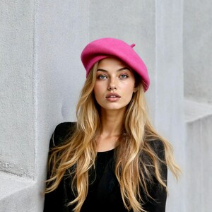 Wool Knit French Beret - Spring Fashion, Warm Winter Hat Pink