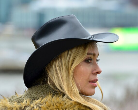 Women's Black Leather Cowboy Hat 