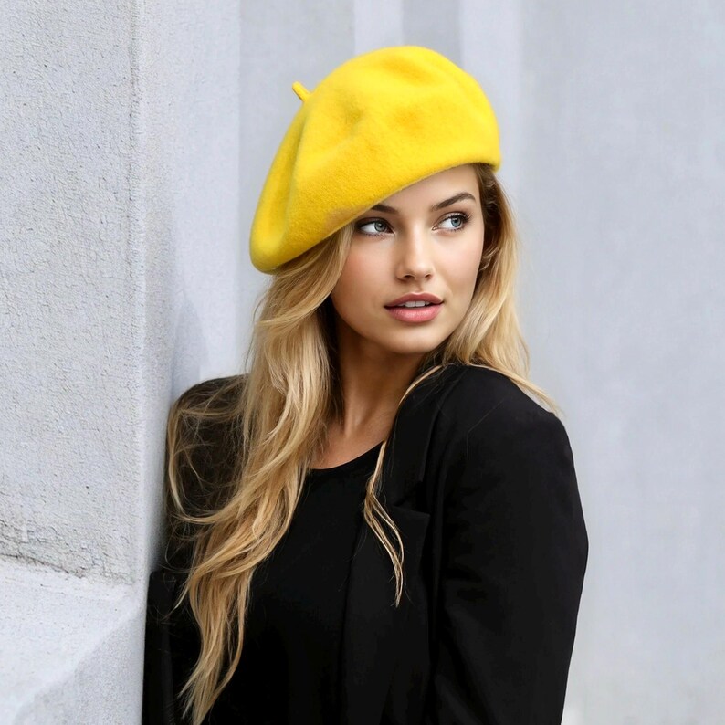 Wool Knit French Beret - Spring Fashion, Warm Winter Hat Lemon