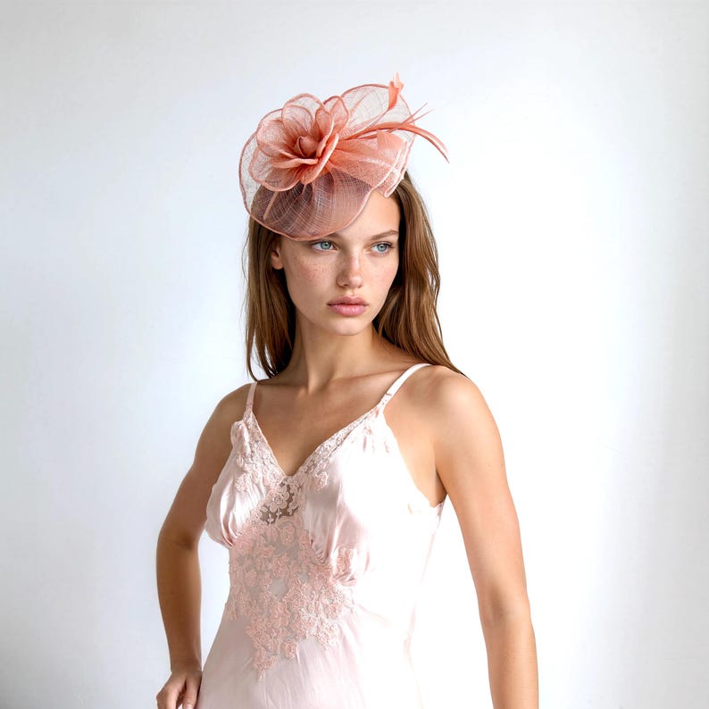 May include: A peach-colored fascinator with a floral design and feather accents. The headpiece features a layered, sheer fabric and is secured with a headband. The accessory is suitable for special occasions and adds a touch of elegance.