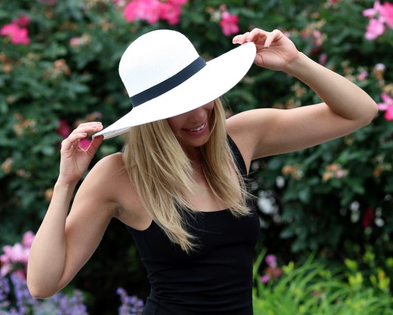 Wide Brimmed Straw Hat White Sunhat SPF 50 Sunblock Floppy Beach