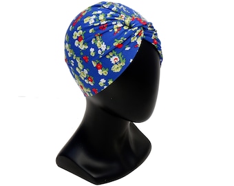 Floral Cobalt Blue Turban Hat, Royal Retro Accessory