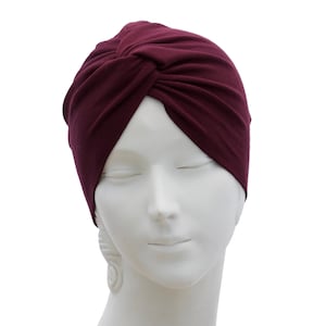 Metallic Turban Women's Stretch Full Turban Hat 1920s Boho Chic 1940s Snood Cap Chemo Hat Hair Wrap Head Scarf Silver Gold Turban Packable Burgundy