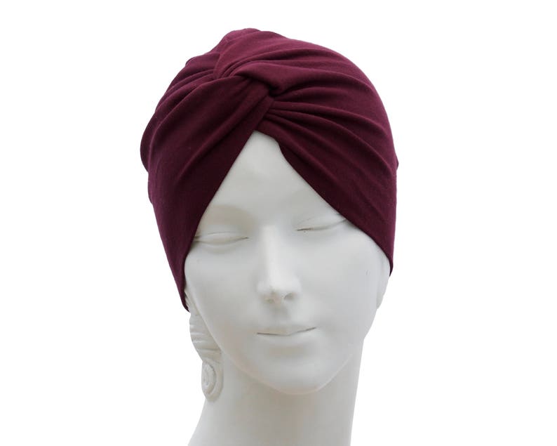 Soft Turban Hat, No Tie Turban, Chemo Hat, Fall Accessory, Hair Covering, Beanie Beret, Head Wrap, Gray Packable Turban, Front Twist Turban Burgundy