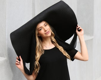 Chapeau noir, chapeau à bord géant, chapeau de paille à bord 12 pouces, chapeau à bord extra large, chapeau d'été pour femme, chapeau de soleil géant, cadeau pour femme