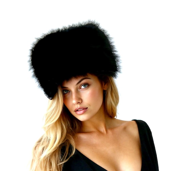 Faux Fur Pillbox Hat, Vintage Cossack Style, Winter Warmth