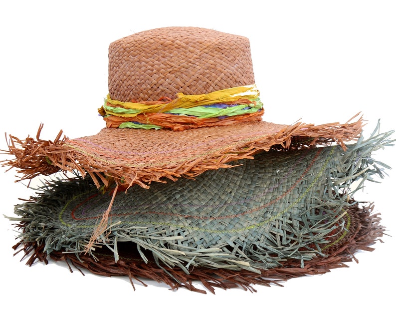 Sun Hat Wide Brimmed Straw Hat Boho Hat Frayed Edge Beach Hat Etsy
